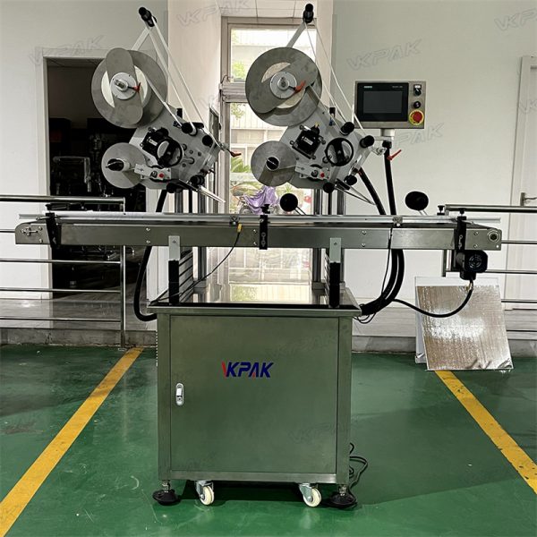 VK-FTL-DH Automatic Double Heads Mylar Bag Pouch Carton Box Flat Sticker Labeling Machine